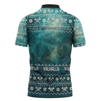 Viking Valhalla Christmas Zipper Polo Shirt with Norse Symbols Raven and Fa La La La Design - Wonder Print Shop