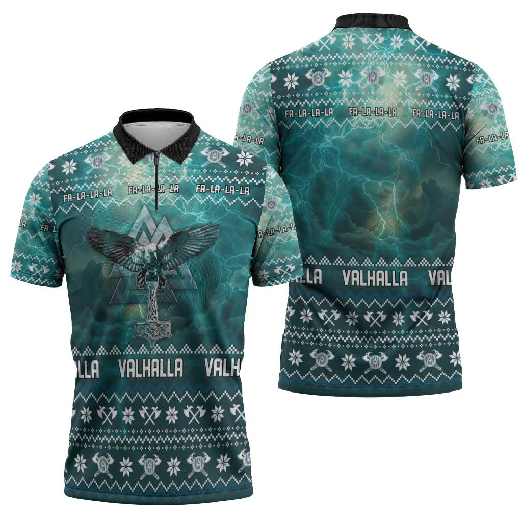 Viking Valhalla Christmas Zipper Polo Shirt with Norse Symbols Raven and Fa La La La Design - Wonder Print Shop