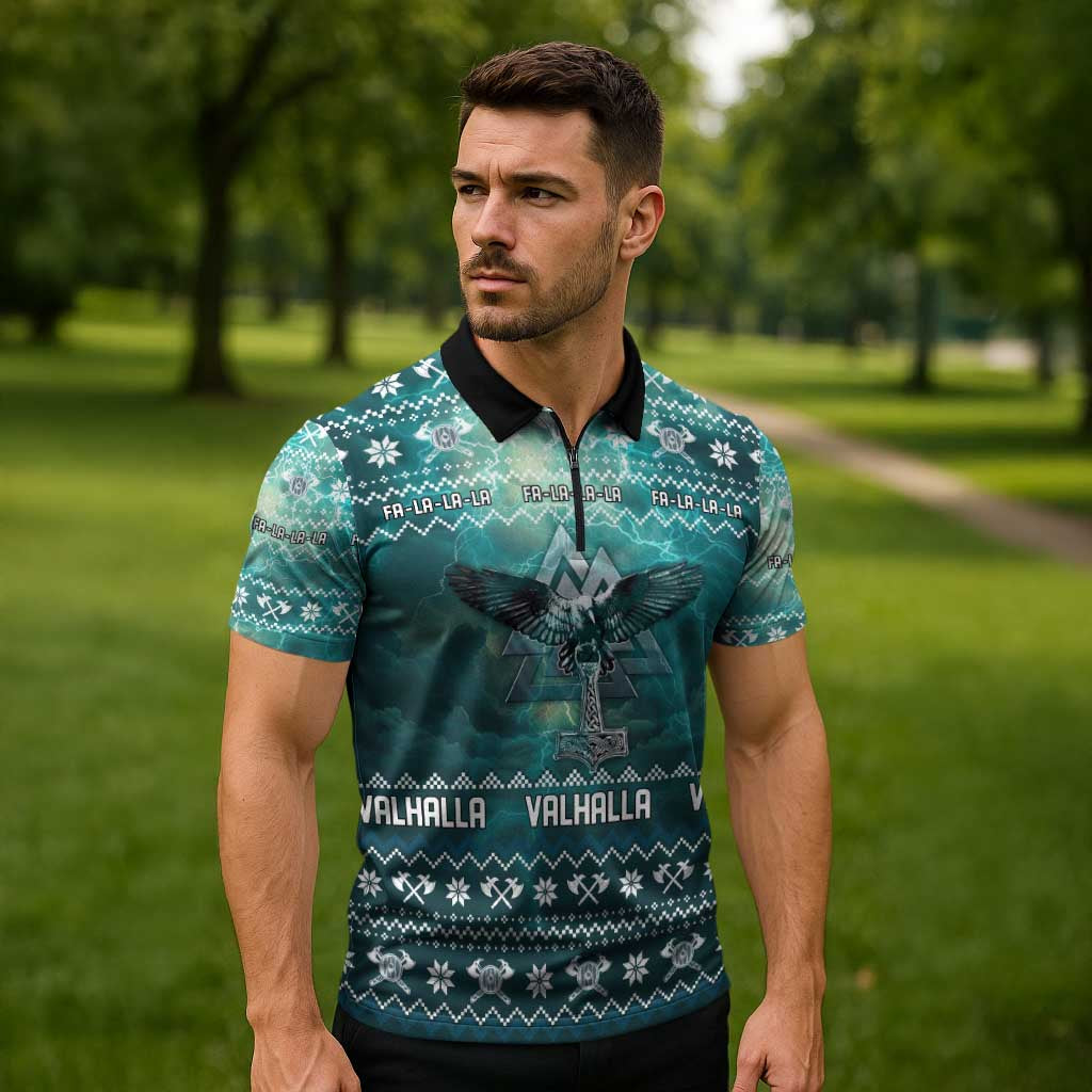 Viking Valhalla Christmas Zipper Polo Shirt with Norse Symbols Raven and Fa La La La Design - Wonder Print Shop