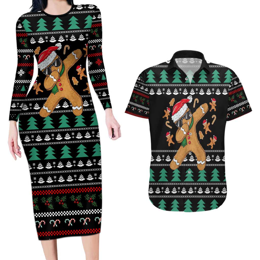 Funny Dabbing Gingerbread Holiday Party Jumper Couples Matching Long Sleeve Bodycon Dress and Hawaiian Shirt Xmas Holiday Patterns - Wonder Print Shop