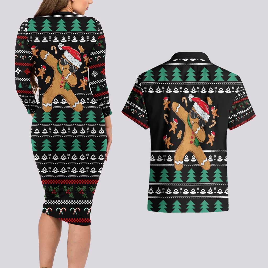 Funny Dabbing Gingerbread Holiday Party Jumper Couples Matching Long Sleeve Bodycon Dress and Hawaiian Shirt Xmas Holiday Patterns - Wonder Print Shop