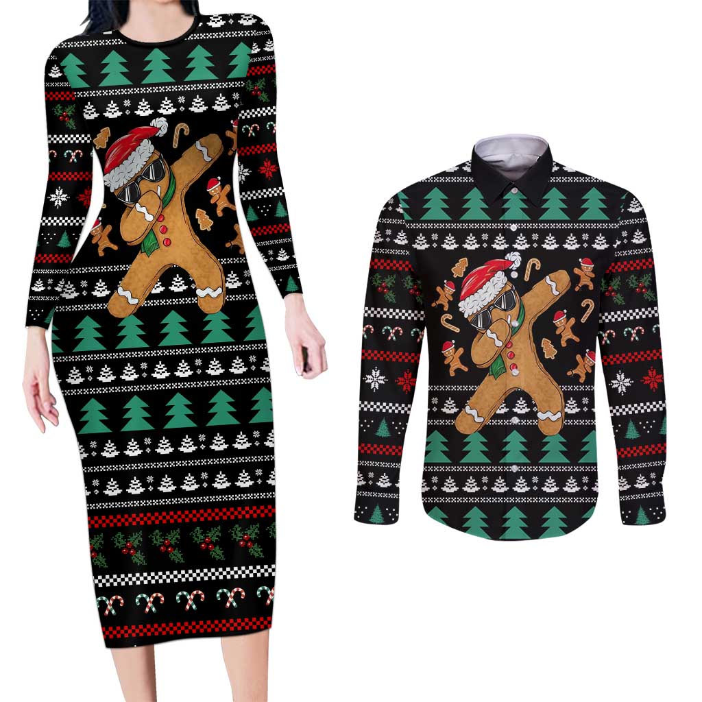 Funny Dabbing Gingerbread Holiday Party Jumper Couples Matching Long Sleeve Bodycon Dress and Long Sleeve Button Shirt Xmas Holiday Patterns - Wonder Print Shop