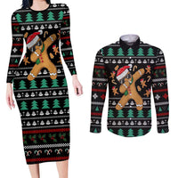 Funny Dabbing Gingerbread Holiday Party Jumper Couples Matching Long Sleeve Bodycon Dress and Long Sleeve Button Shirt Xmas Holiday Patterns - Wonder Print Shop
