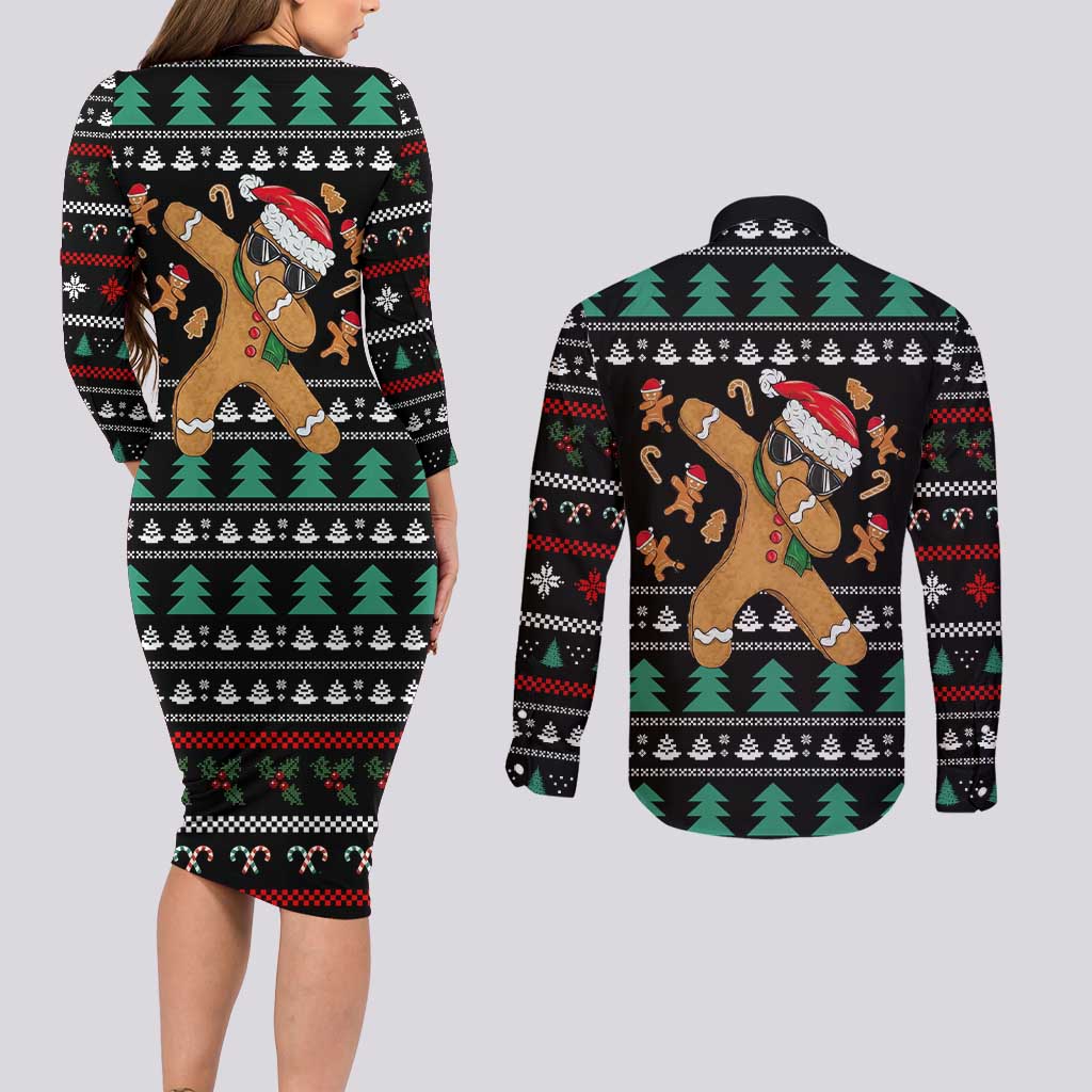 Funny Dabbing Gingerbread Holiday Party Jumper Couples Matching Long Sleeve Bodycon Dress and Long Sleeve Button Shirt Xmas Holiday Patterns - Wonder Print Shop