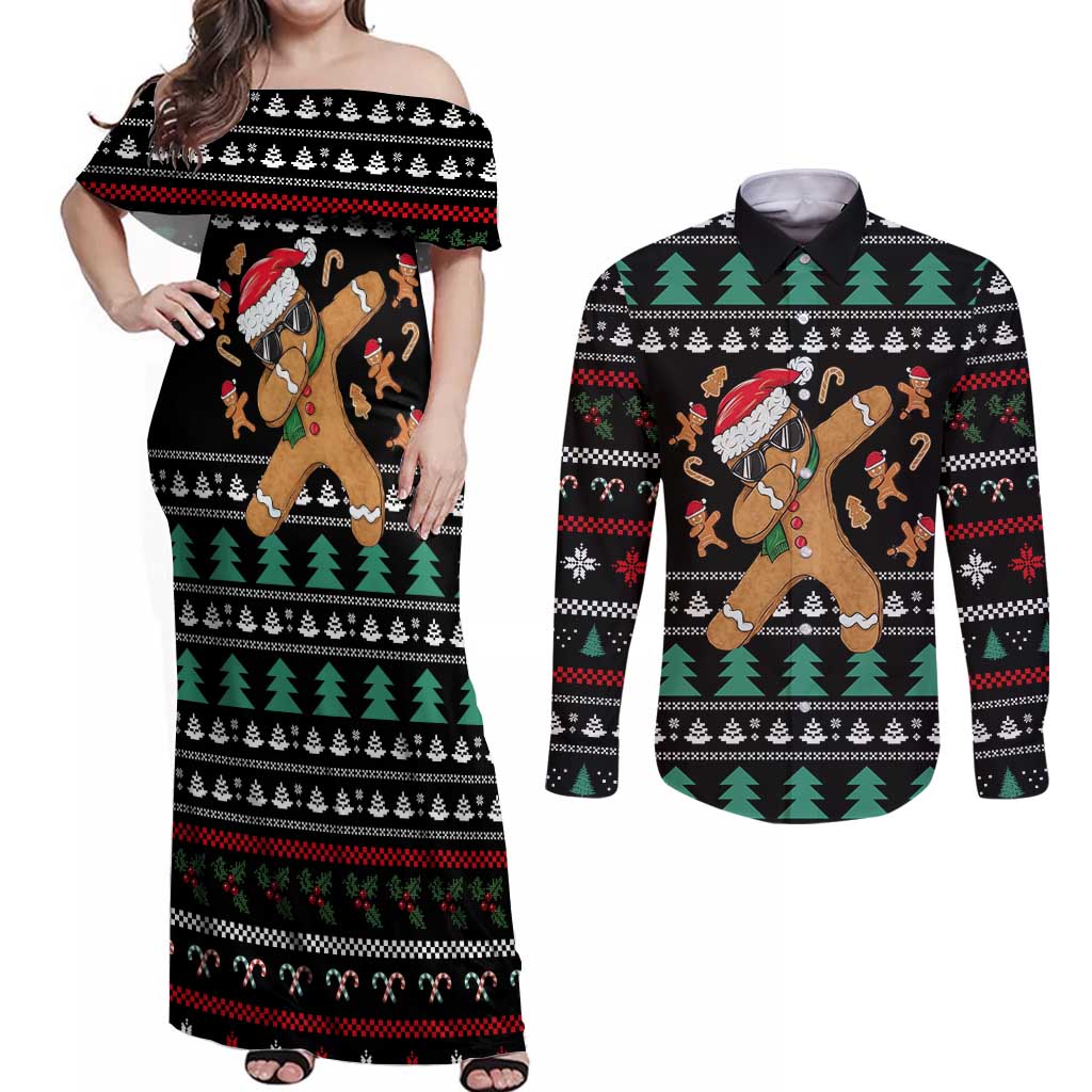 Funny Dabbing Gingerbread Holiday Party Jumper Couples Matching Off Shoulder Maxi Dress and Long Sleeve Button Shirt Xmas Holiday Patterns - Wonder Print Shop