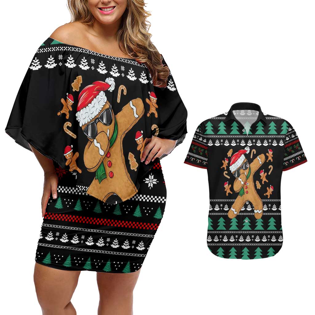 Funny Dabbing Gingerbread Holiday Party Jumper Couples Matching Off Shoulder Short Dress and Hawaiian Shirt Xmas Holiday Patterns - Wonder Print Shop