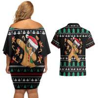 Funny Dabbing Gingerbread Holiday Party Jumper Couples Matching Off Shoulder Short Dress and Hawaiian Shirt Xmas Holiday Patterns - Wonder Print Shop