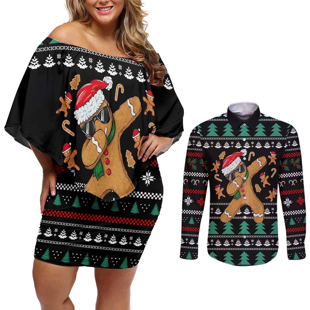 Funny Dabbing Gingerbread Holiday Party Jumper Couples Matching Off Shoulder Short Dress and Long Sleeve Button Shirt Xmas Holiday Patterns - Wonder Print Shop