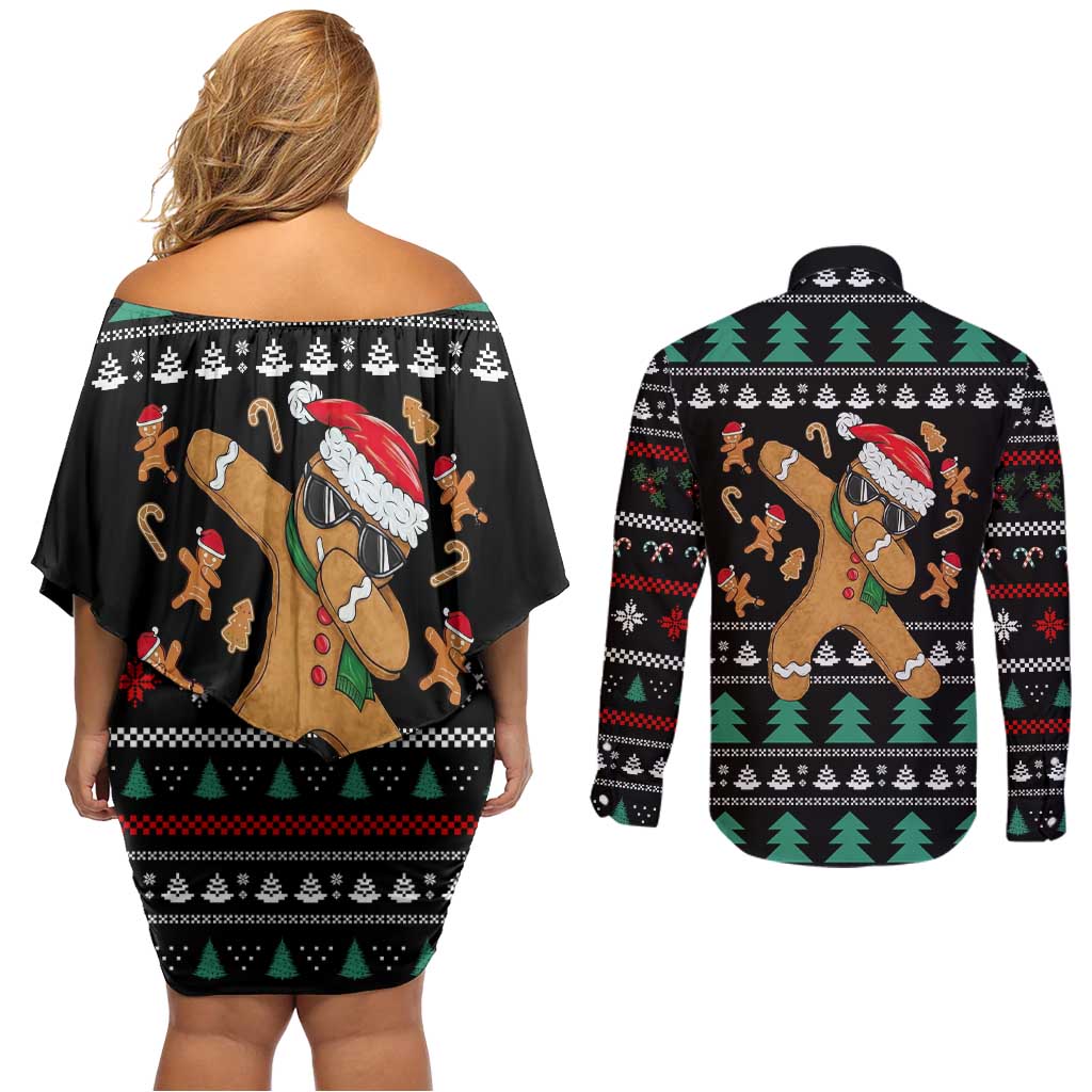 Funny Dabbing Gingerbread Holiday Party Jumper Couples Matching Off Shoulder Short Dress and Long Sleeve Button Shirt Xmas Holiday Patterns - Wonder Print Shop
