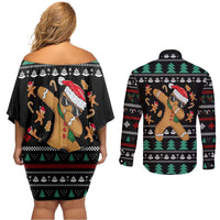 Funny Dabbing Gingerbread Holiday Party Jumper Couples Matching Off Shoulder Short Dress and Long Sleeve Button Shirt Xmas Holiday Patterns - Wonder Print Shop