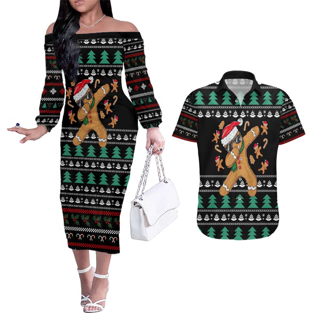 Funny Dabbing Gingerbread Holiday Party Jumper Couples Matching Off The Shoulder Long Sleeve Dress and Hawaiian Shirt Xmas Holiday Patterns - Wonder Print Shop