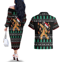 Funny Dabbing Gingerbread Holiday Party Jumper Couples Matching Off The Shoulder Long Sleeve Dress and Hawaiian Shirt Xmas Holiday Patterns - Wonder Print Shop