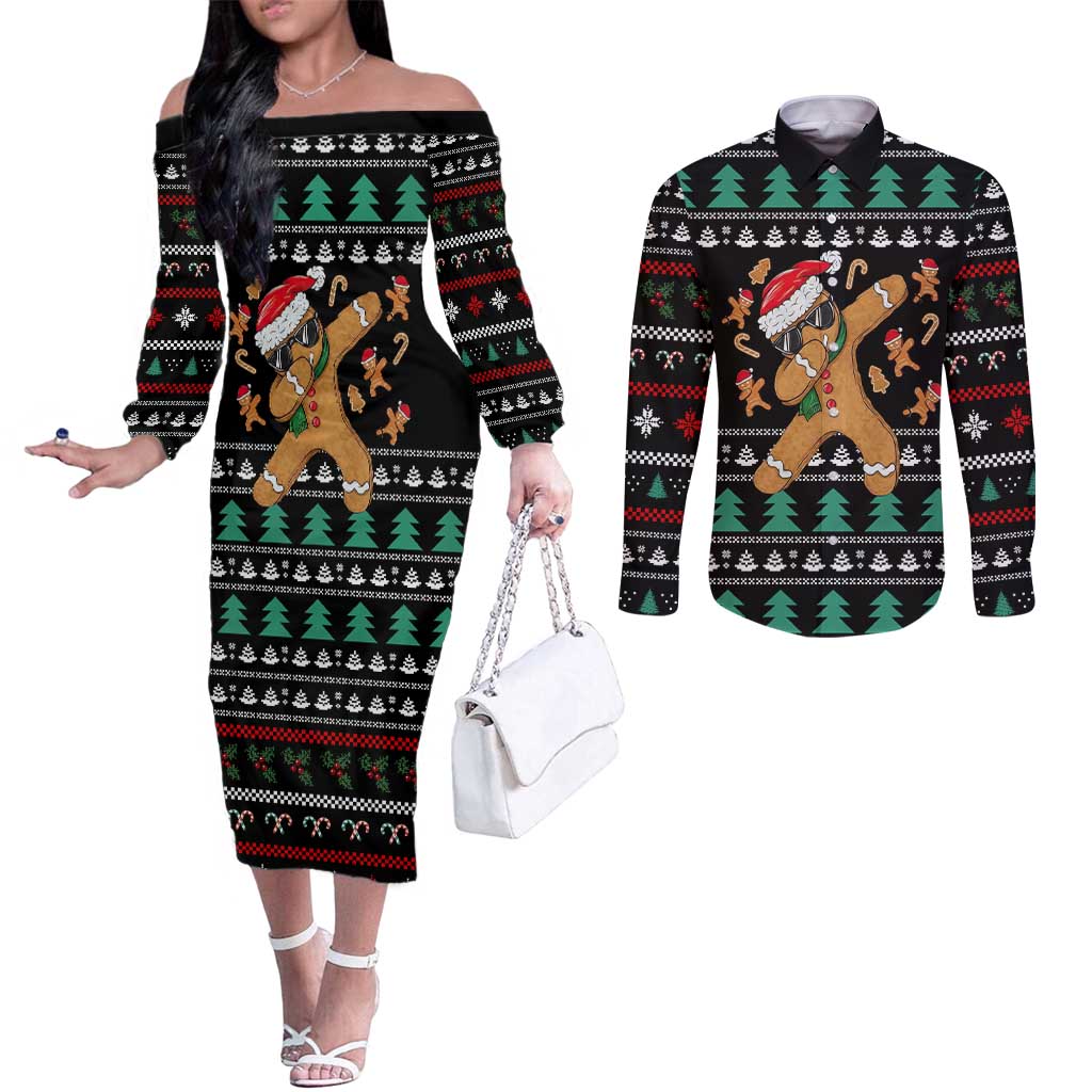 Funny Dabbing Gingerbread Holiday Party Jumper Couples Matching Off The Shoulder Long Sleeve Dress and Long Sleeve Button Shirt Xmas Holiday Patterns - Wonder Print Shop