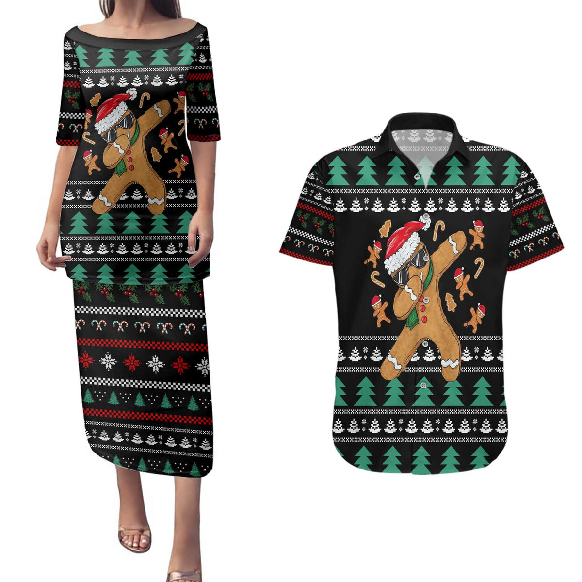 Funny Dabbing Gingerbread Holiday Party Jumper Couples Matching Puletasi and Hawaiian Shirt Xmas Holiday Patterns - Wonder Print Shop
