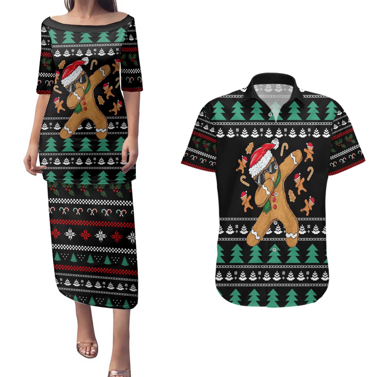 Funny Dabbing Gingerbread Holiday Party Jumper Couples Matching Puletasi and Hawaiian Shirt Xmas Holiday Patterns - Wonder Print Shop