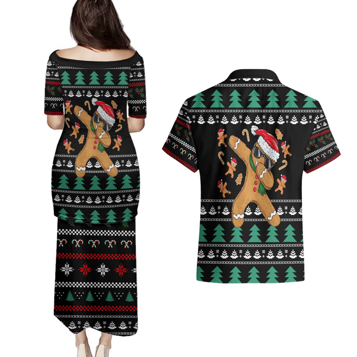 Funny Dabbing Gingerbread Holiday Party Jumper Couples Matching Puletasi and Hawaiian Shirt Xmas Holiday Patterns - Wonder Print Shop