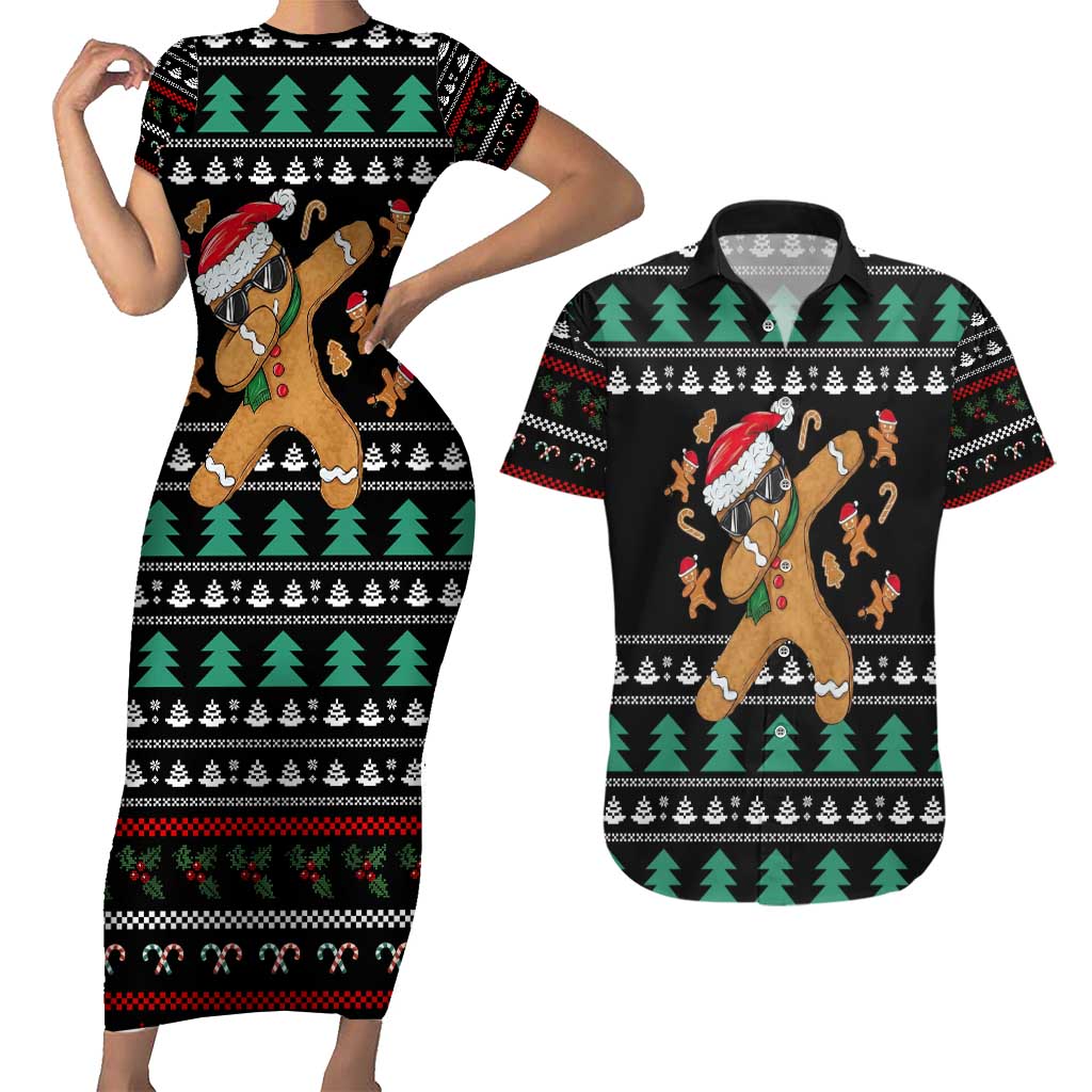 Funny Dabbing Gingerbread Holiday Party Jumper Couples Matching Short Sleeve Bodycon Dress and Hawaiian Shirt Xmas Holiday Patterns - Wonder Print Shop