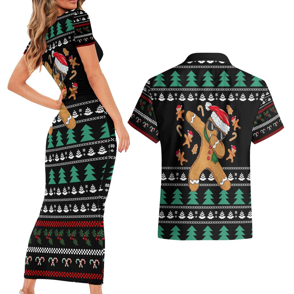 Funny Dabbing Gingerbread Holiday Party Jumper Couples Matching Short Sleeve Bodycon Dress and Hawaiian Shirt Xmas Holiday Patterns - Wonder Print Shop