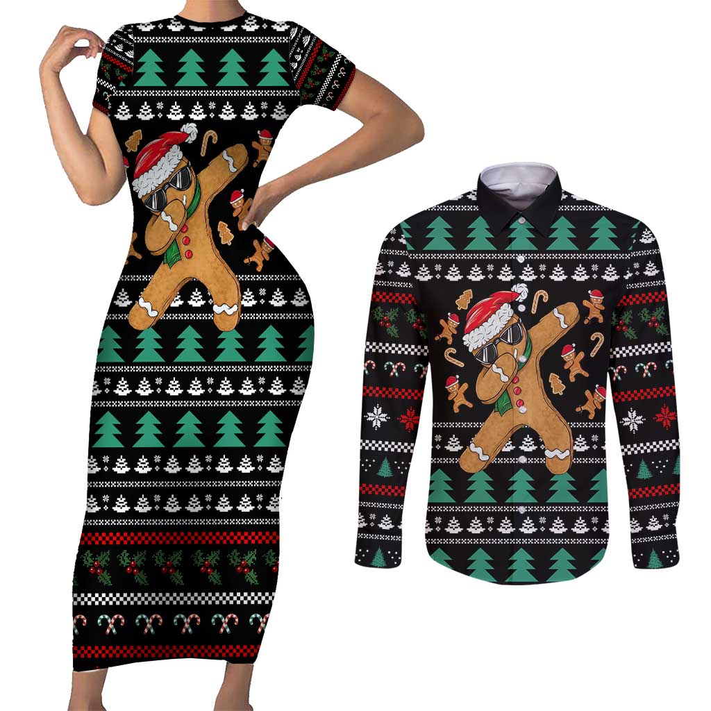 Funny Dabbing Gingerbread Holiday Party Jumper Couples Matching Short Sleeve Bodycon Dress and Long Sleeve Button Shirt Xmas Holiday Patterns - Wonder Print Shop
