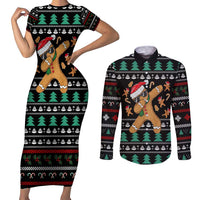 Funny Dabbing Gingerbread Holiday Party Jumper Couples Matching Short Sleeve Bodycon Dress and Long Sleeve Button Shirt Xmas Holiday Patterns - Wonder Print Shop