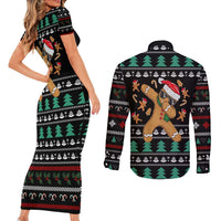 Funny Dabbing Gingerbread Holiday Party Jumper Couples Matching Short Sleeve Bodycon Dress and Long Sleeve Button Shirt Xmas Holiday Patterns - Wonder Print Shop