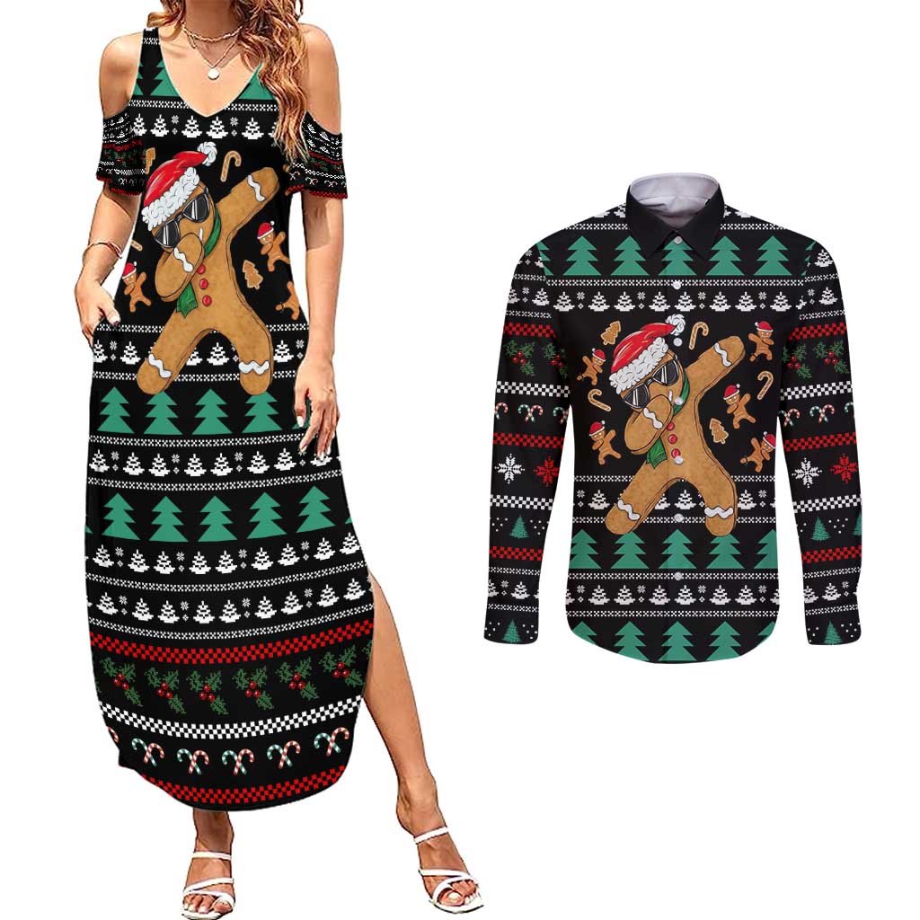 Funny Dabbing Gingerbread Holiday Party Jumper Couples Matching Summer Maxi Dress and Long Sleeve Button Shirt Xmas Holiday Patterns - Wonder Print Shop