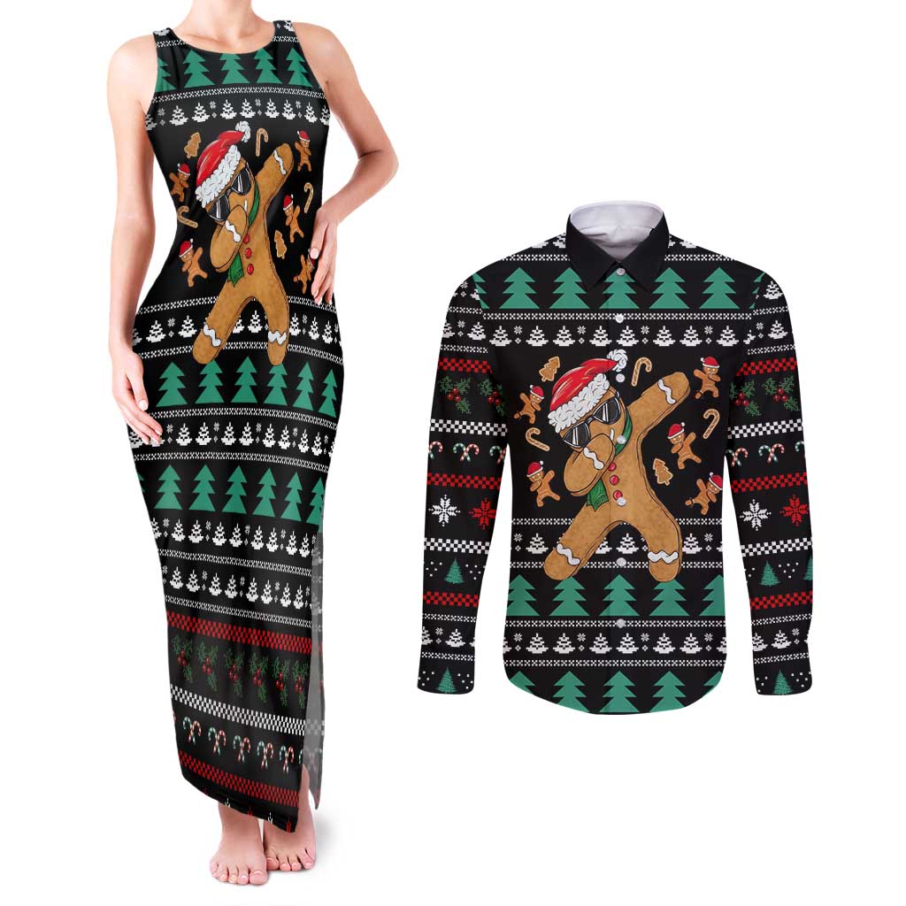 Funny Dabbing Gingerbread Holiday Party Jumper Couples Matching Tank Maxi Dress and Long Sleeve Button Shirt Xmas Holiday Patterns - Wonder Print Shop