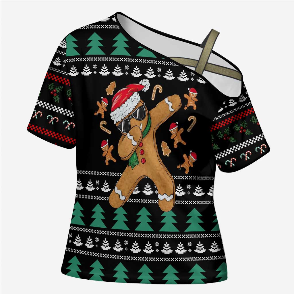 Funny Dabbing Gingerbread Holiday Party Jumper Cross Shoulder Shirt Xmas Holiday Patterns - Wonder Print Shop
