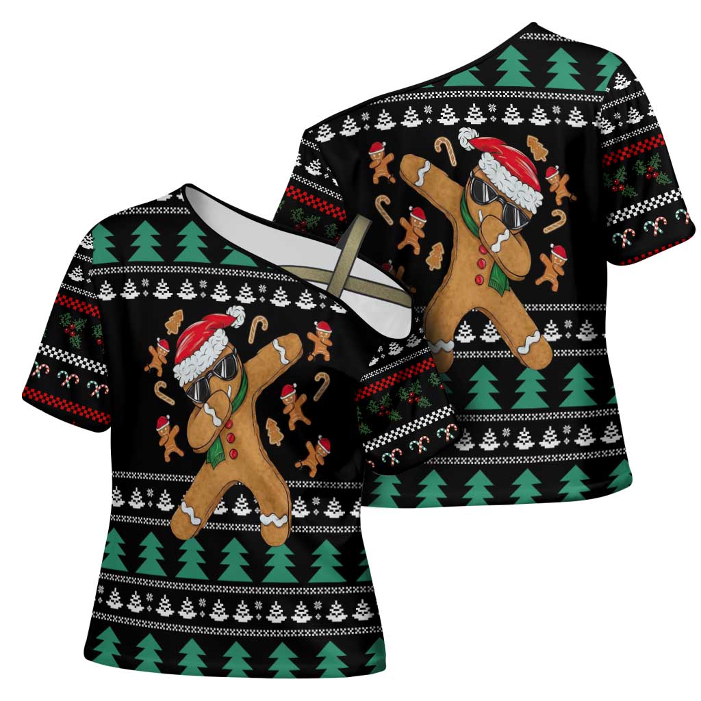 Funny Dabbing Gingerbread Holiday Party Jumper Cross Shoulder Shirt Xmas Holiday Patterns - Wonder Print Shop
