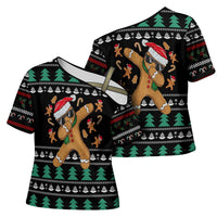 Funny Dabbing Gingerbread Holiday Party Jumper Cross Shoulder Shirt Xmas Holiday Patterns - Wonder Print Shop