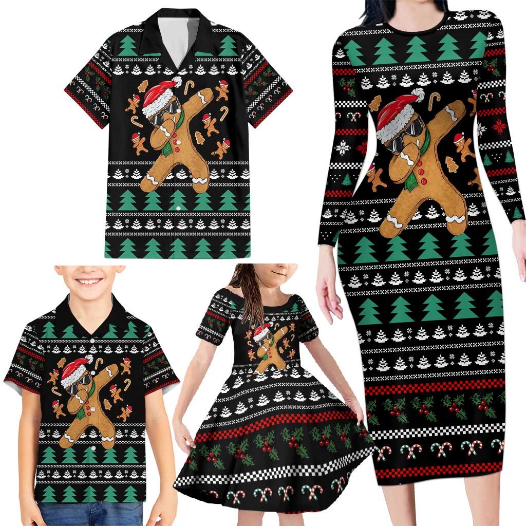 Funny Dabbing Gingerbread Holiday Party Jumper Family Matching Long Sleeve Bodycon Dress and Hawaiian Shirt Xmas Holiday Patterns - Wonder Print Shop