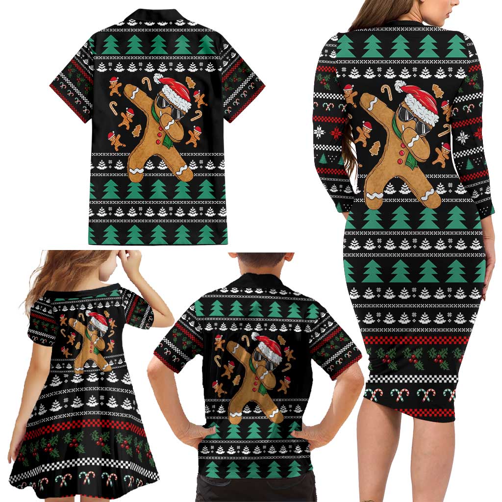 Funny Dabbing Gingerbread Holiday Party Jumper Family Matching Long Sleeve Bodycon Dress and Hawaiian Shirt Xmas Holiday Patterns - Wonder Print Shop