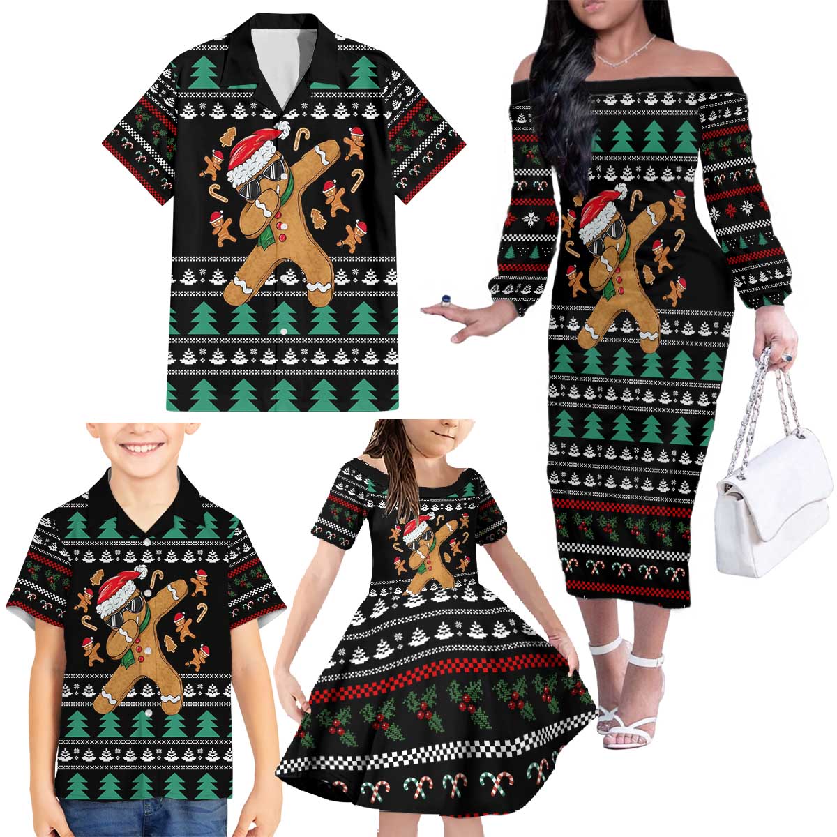 Funny Dabbing Gingerbread Holiday Party Jumper Family Matching Off The Shoulder Long Sleeve Dress and Hawaiian Shirt Xmas Holiday Patterns - Wonder Print Shop