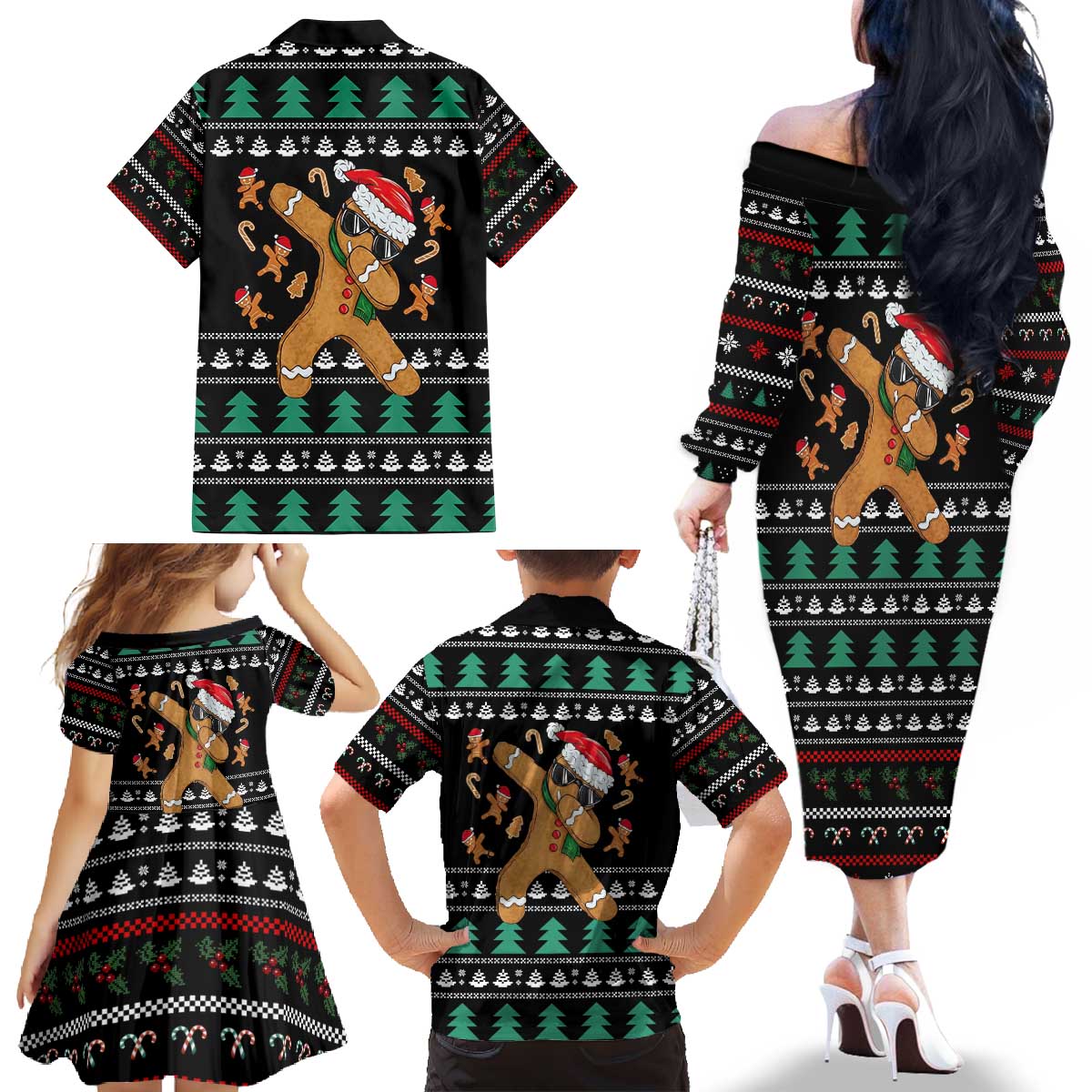 Funny Dabbing Gingerbread Holiday Party Jumper Family Matching Off The Shoulder Long Sleeve Dress and Hawaiian Shirt Xmas Holiday Patterns - Wonder Print Shop