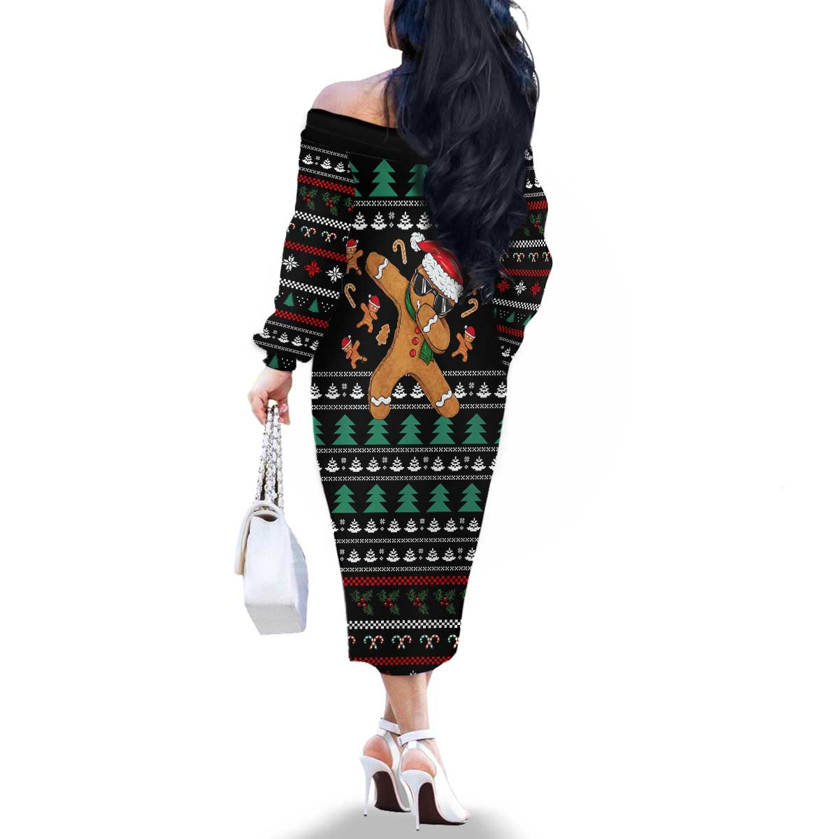 Funny Dabbing Gingerbread Holiday Party Jumper Family Matching Off The Shoulder Long Sleeve Dress and Hawaiian Shirt Xmas Holiday Patterns - Wonder Print Shop