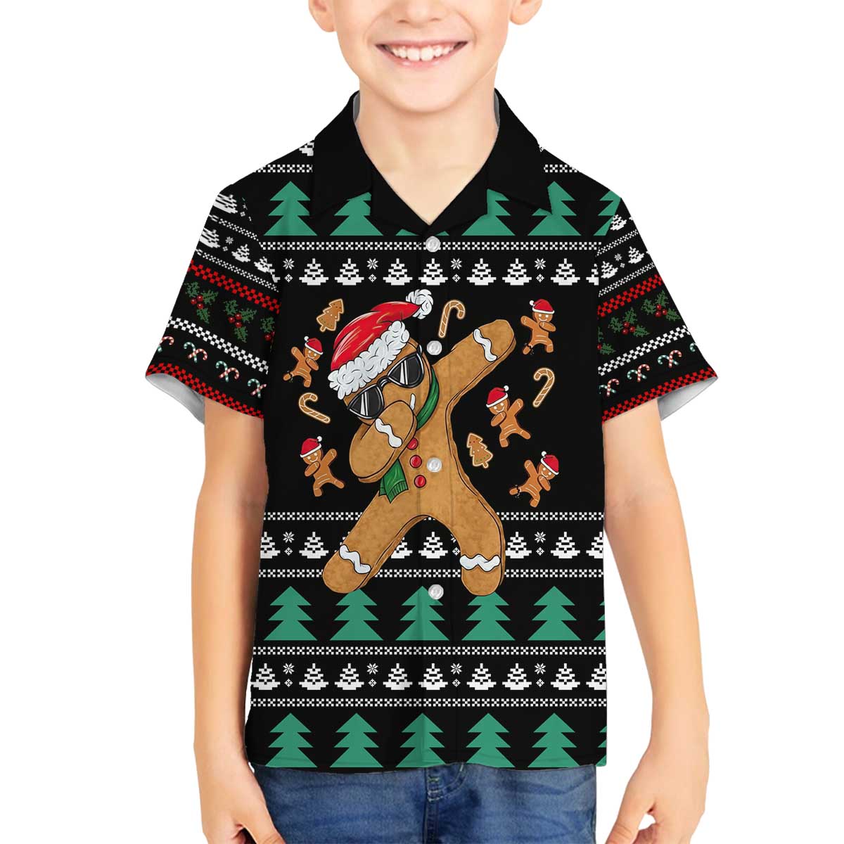 Funny Dabbing Gingerbread Holiday Party Jumper Family Matching Off The Shoulder Long Sleeve Dress and Hawaiian Shirt Xmas Holiday Patterns - Wonder Print Shop