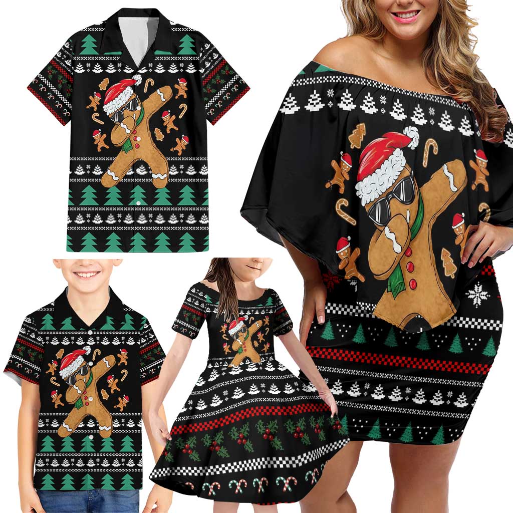 Funny Dabbing Gingerbread Holiday Party Jumper Family Matching Off Shoulder Short Dress and Hawaiian Shirt Xmas Holiday Patterns - Wonder Print Shop