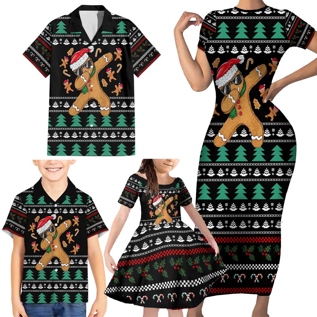 Funny Dabbing Gingerbread Holiday Party Jumper Family Matching Short Sleeve Bodycon Dress and Hawaiian Shirt Xmas Holiday Patterns - Wonder Print Shop
