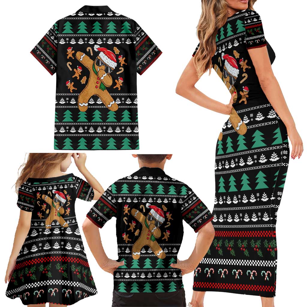 Funny Dabbing Gingerbread Holiday Party Jumper Family Matching Short Sleeve Bodycon Dress and Hawaiian Shirt Xmas Holiday Patterns - Wonder Print Shop