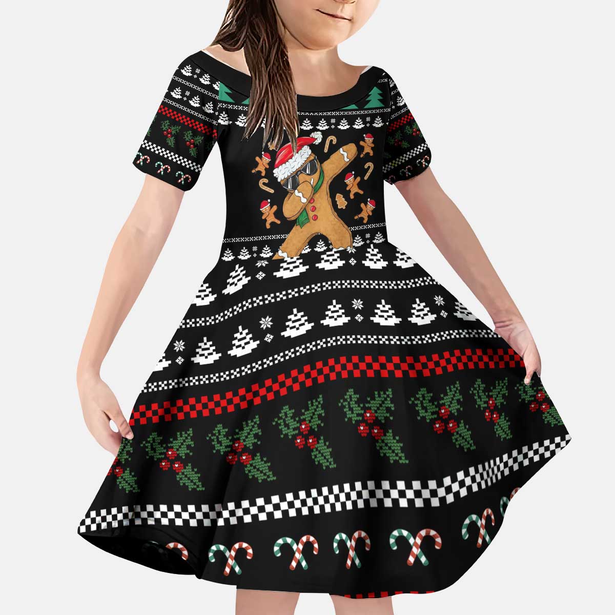 Funny Dabbing Gingerbread Holiday Party Jumper Kid Short Sleeve Dress Xmas Holiday Patterns - Wonder Print Shop