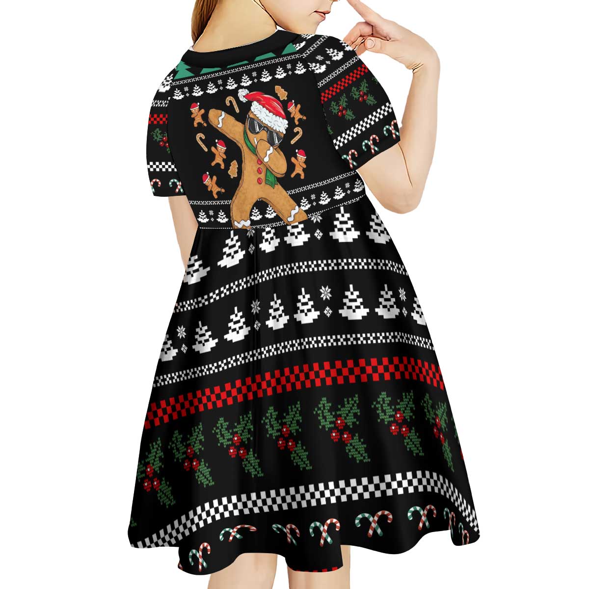 Funny Dabbing Gingerbread Holiday Party Jumper Kid Short Sleeve Dress Xmas Holiday Patterns - Wonder Print Shop