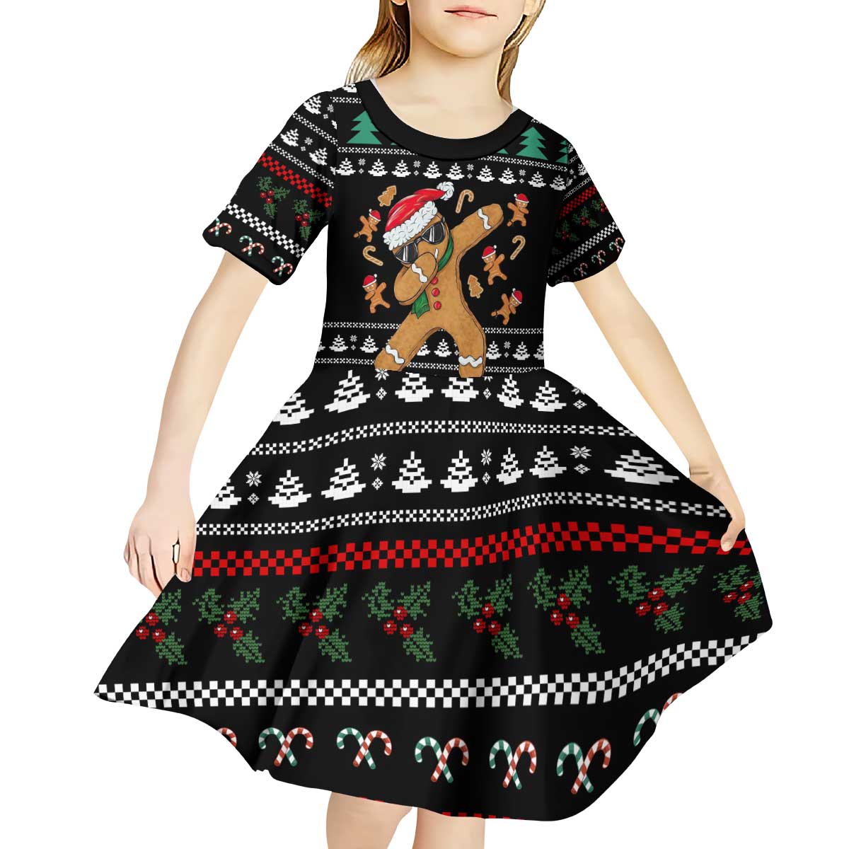 Funny Dabbing Gingerbread Holiday Party Jumper Kid Short Sleeve Dress Xmas Holiday Patterns - Wonder Print Shop