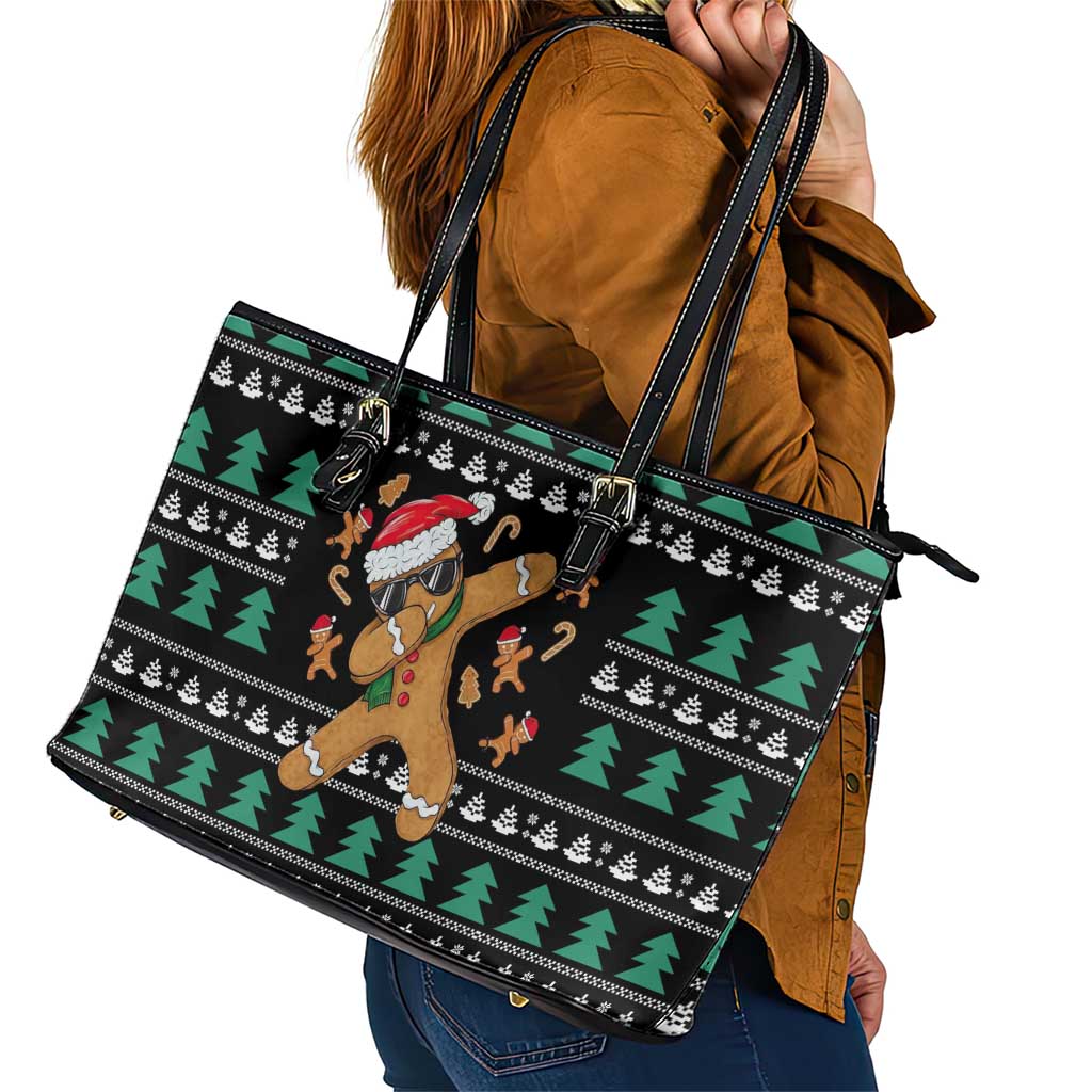Funny Dabbing Gingerbread Holiday Party Jumper Leather Tote Bag Xmas Holiday Patterns - Wonder Print Shop
