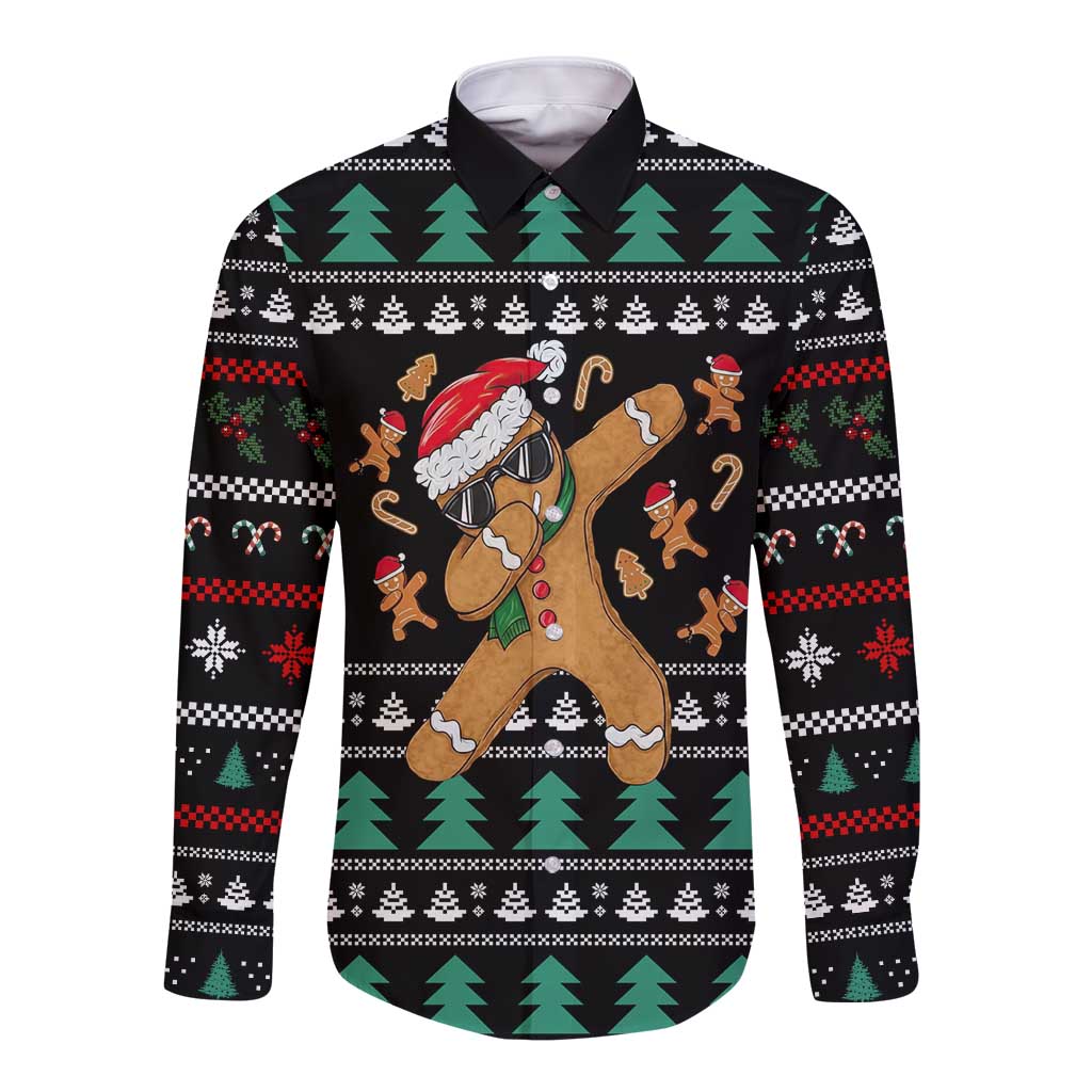 Funny Dabbing Gingerbread Holiday Party Jumper Long Sleeve Button Shirt Xmas Holiday Patterns - Wonder Print Shop