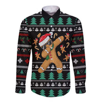 Funny Dabbing Gingerbread Holiday Party Jumper Long Sleeve Button Shirt Xmas Holiday Patterns - Wonder Print Shop
