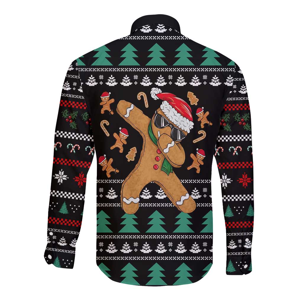 Funny Dabbing Gingerbread Holiday Party Jumper Long Sleeve Button Shirt Xmas Holiday Patterns - Wonder Print Shop