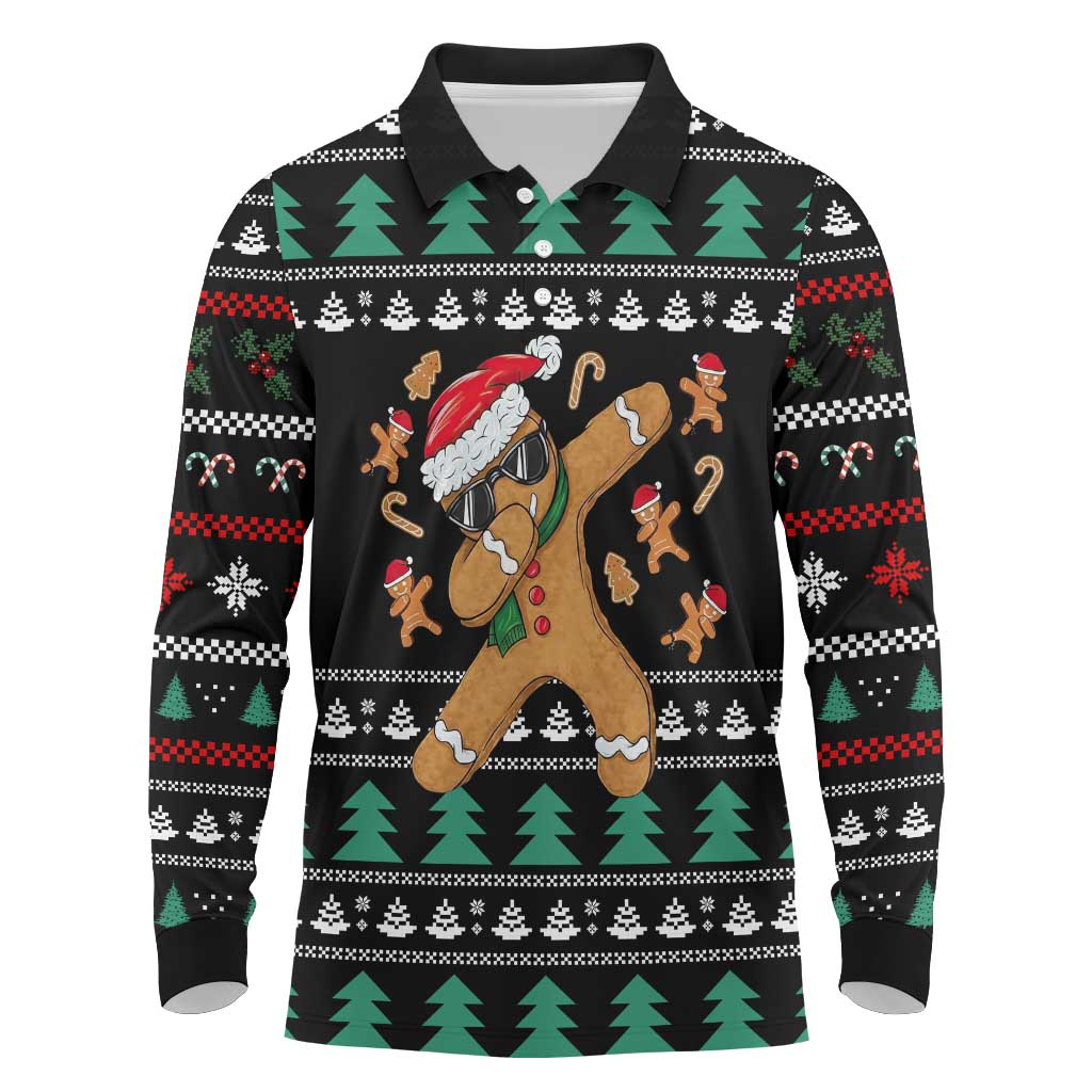 Funny Dabbing Gingerbread Holiday Party Jumper Long Sleeve Polo Shirt Xmas Holiday Patterns - Wonder Print Shop