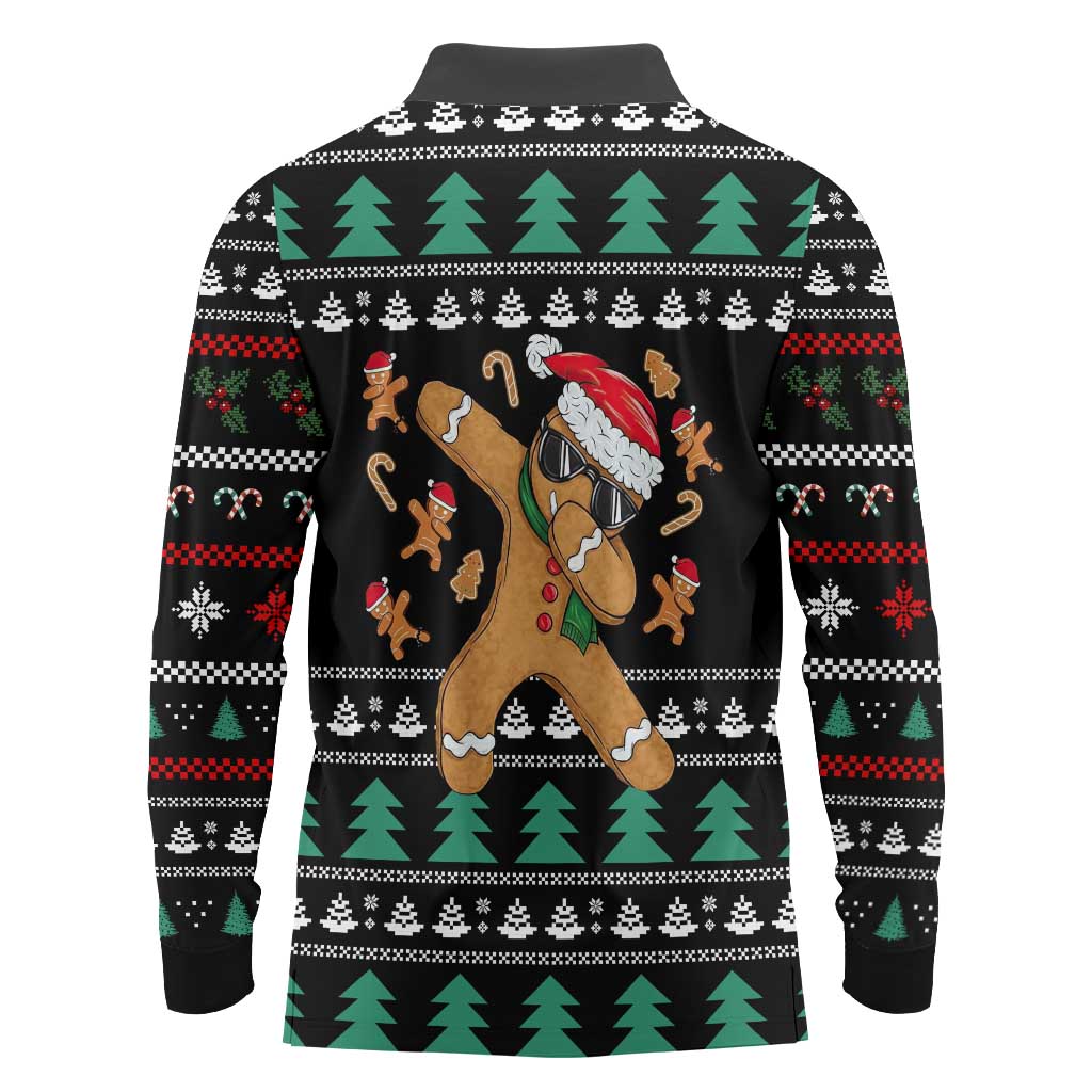 Funny Dabbing Gingerbread Holiday Party Jumper Long Sleeve Polo Shirt Xmas Holiday Patterns - Wonder Print Shop