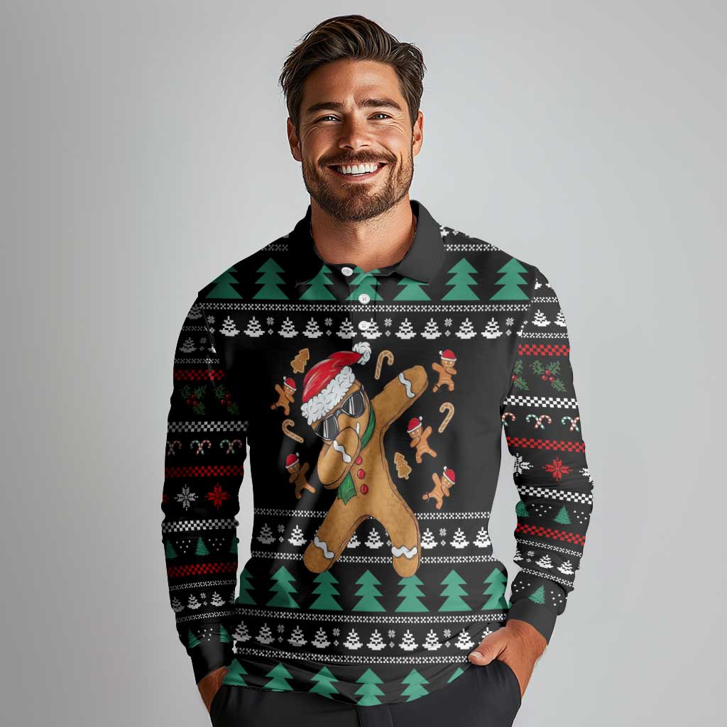 Funny Dabbing Gingerbread Holiday Party Jumper Long Sleeve Polo Shirt Xmas Holiday Patterns - Wonder Print Shop