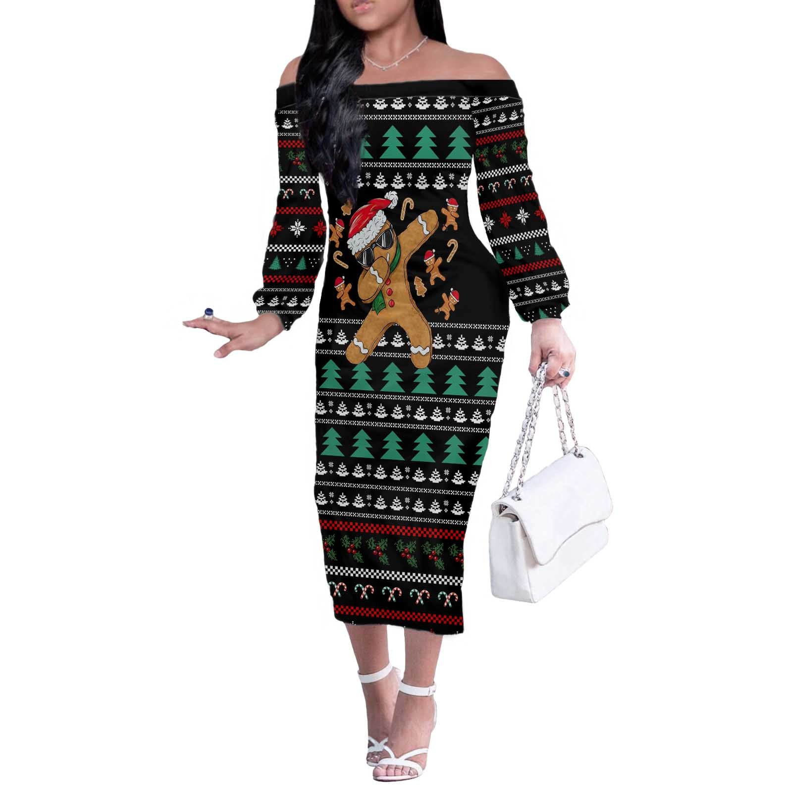 Funny Dabbing Gingerbread Holiday Party Jumper Off The Shoulder Long Sleeve Dress Xmas Holiday Patterns - Wonder Print Shop